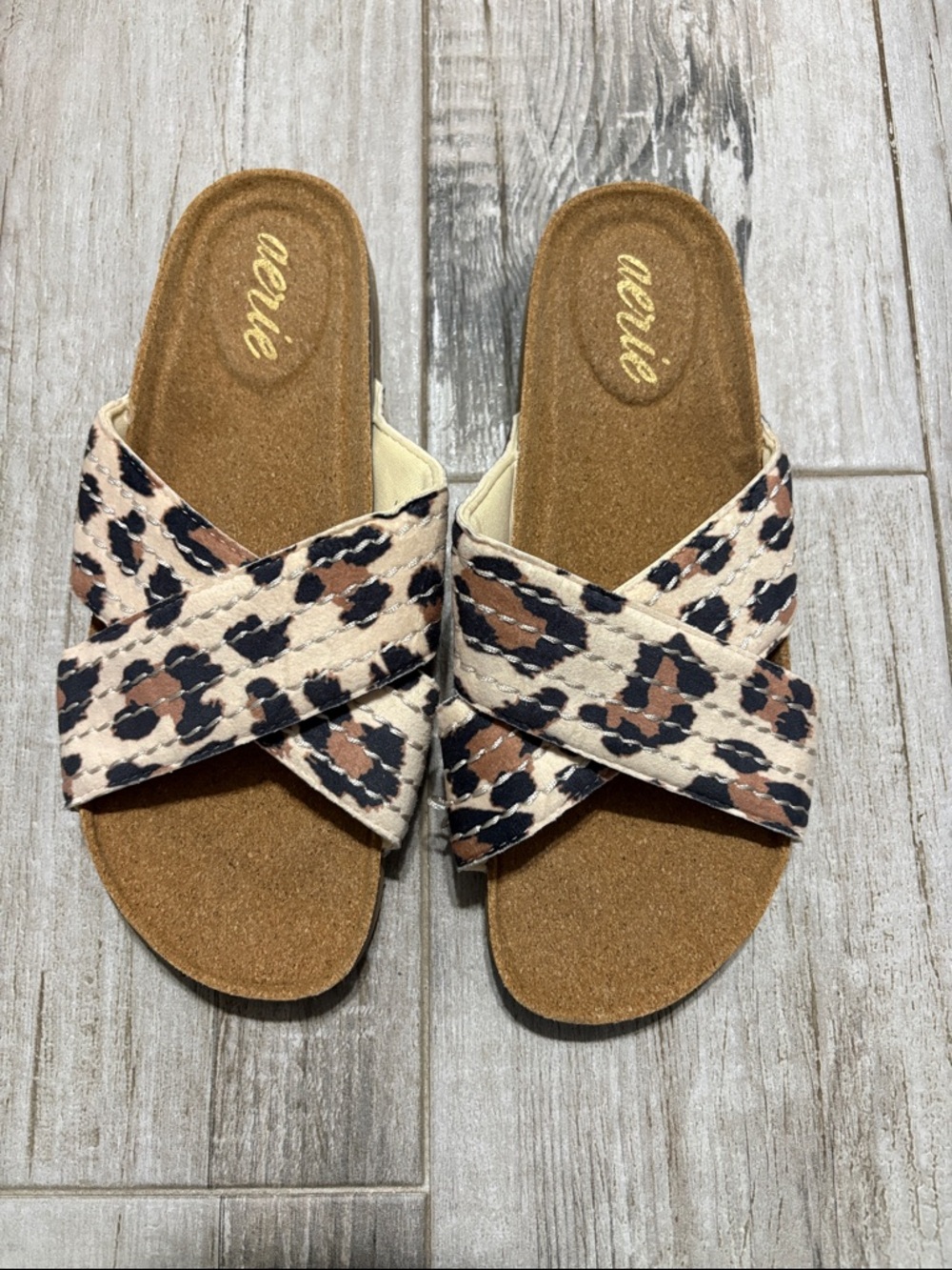 aerie Leopard-Print Crossband Slide Sandals in Tan/Black